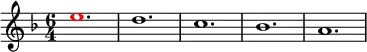 
\relative g'
{  
\time 6/4 
\key f \major
\override Voice.NoteHead.color = #(rgb-color 1 0 0)e'1. \override Voice.NoteHead.color = #(rgb-color 0 0 0)d1. c1. bes1. a1.
} 
