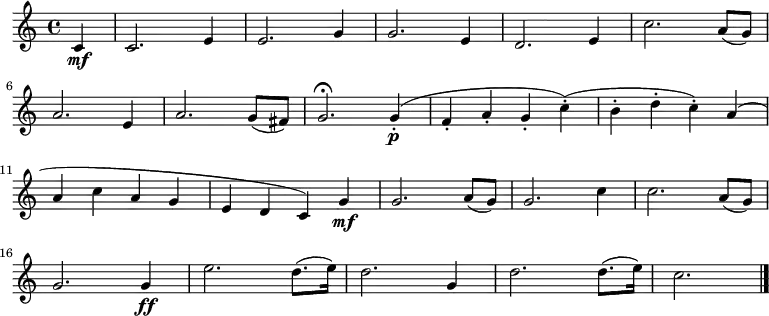 
  \relative c' {
    \key c \major \time 4/4 
    \partial 4 c\mf
     c2. e4 e2. g4 g2. e4 d2. e4 c'2. a8( g) \bar "|" \break
     a2. e4  a2. g8( fis) g2.\fermata g4-.\p( f-. a-. g-. c-.)( b-. d-. c-.) a( \bar "|" \break 
     a c a g e d c) g'\mf g2. a8( g) g2. c4 c2. a8( g) \bar "|" \break
     g2. g4\ff e'2. d8.( e16) d2. g,4 d'2. d8.( e16) c2. \bar "|."}
