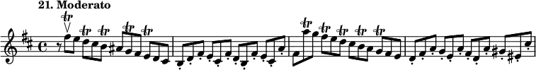 
%etude21
\relative d'
{  
\time 4/4 
\tempo "21. Moderato"
\key b \minor
r8*2/3 fis'\trill\upbow e d\trill cis b\trill ais g\trill fis e\trill d cis | b-. d-. fis-. e-. cis-. fis-. d-. b-. fis'-. e-. cis-. a'-. | fis a'\trill g fis\trill e d\trill cis b\trill a g\trill fis e | d-. fis-. a-. g-. e-. a-. fis-. d-. a'-. gis-. eis-. cis'-.
} 
