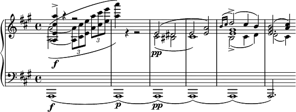 
	\new PianoStaff <<
		\new Staff = "r" <<
			\clef "violin"
			\key a \major
			\new Voice {
				\voiceOne
				\relative {
					< a e' cis' a' >4\f\accent r r2
					s1
					e'2( dis
					e2 < e a >)
					<< { \grace { b'16( cis } d2\accent )( cis4 b) } \\ gis1 e >>
					<< e2. { <gis b>2( <a cis>4) } >>
				}
			}
			\new Voice {
				\voiceTwo
				\relative {
					<a~ a'~>2^(_( \tuplet 3/2 { <a a'>8 <cis cis'> <e e'> } \tuplet 3/2 { < a a'> <cis cis'> <e e'> }
					<a a'>4)) r r2
					cis,,2\pp( bis
					cis1)
					b2\accent( cis4 d)
					d2( cis4)

				}
			}
		>>
		\new Staff = "l" <<
			\clef "bass"
			\key a \major
			\new Voice {
				\relative { a,,1\f( a\p)( a\pp) ( a) ( a) ( a2.) }
			}
		>>
	>>
