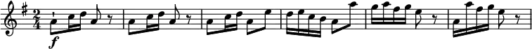 \transpose c g {
  \relative c' {
     \key c \major  \time 2/4   
     d8-!\f [f16 g] d8 r|d8 [f16 g] d8 r|
     d8 [f16 g] d8 a'|g16 a f e d8 d'|c16 d b c a8 r |d,16 d' b c a8 r |
     
  }                                 
} 