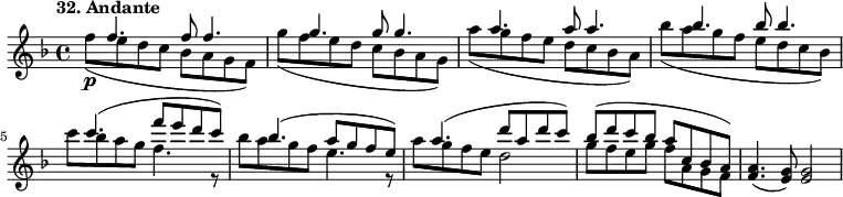 
%etude32
\relative f'
{
\time 4/4 
\tempo "32. Andante"
\key f \major
<<
{ s8 f'4. f8 f4. | s8 g4. g8 g4. | s8 a4. a8 a4. | s8 bes4. bes8 bes4. | s8 (c4. f8 e d c) | s8 (bes4. a8 g f e) | s8 (a4. d8 a d c) | bes (d c bes a c, bes a) }
\\
{ f'8\p (e d c bes a g f) | g' (f e d c bes a g) | a' (g f e d c bes a) | bes' (a g f e d c bes) | c' bes a g f4. r8 | bes a g f e4. r8| a g f e d2 | g8 f e g f a, g f }
>>
 <a f>4. (<e g>8) <e g>2
}
