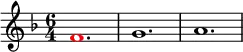 
\relative g'
{  
\time 6/4 
\key f \major
\override Voice.NoteHead.color = #(rgb-color 1 0 0)f1. \override Voice.NoteHead.color = #(rgb-color 0 0 0)g1. a1.
} 
