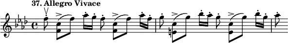 
%etude37
\relative f'
{
\time 4/4 
\tempo "37. Allegro Vivace"
\key f \minor
f'8-. \upbow <c f,>-> [(f)] aes16-. g-. f8-. <c f,>-> [(f)] aes16-. f-. g8-. <c, e,>-> [(g')] bes16-. aes-. g8-. <c, e,>-> [(g')] bes16-. g-. aes8-.
}
