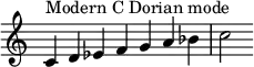  {
\override Score.TimeSignature #'stencil = ##f
\relative c' { 
  \clef treble \time 7/4
  c4^\markup { Modern C Dorian mode } d es f g a bes c2

} }
