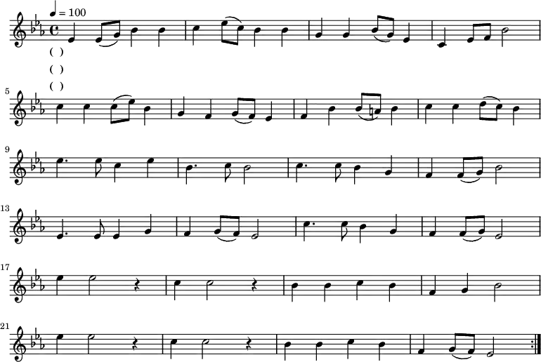 \transpose c ees \relative c' { \key c \major \time 4/4 \tempo 4 = 100 \repeat volta 3 { c4 c8( e) g4 g | a4 c8( a) g4 g | e4 e g8( e) c4 | a4 c8 d g2 | \break a4 a a8( c) g4 | e4 d e8( d) c4 | d4 g g8( fis) g4 | a4 a b8( a) g4 | \break c4. c8 a4 c | g4. a8 g2 | a4. a8 g4 e | d4 d8( e) g2 | \break c,4. c8 c4 e | d4 e8( d) c2 | a'4. a8 g4 e | d4 d8( e) c2 | \break c'4 c2 r4 | a4 a2 r4 | g4 g a g | d4 e g2 | \break c4 c2 r4 | a4 a2 r4 | g4 g a g | d e8( d) c2 | } } \addlyrics { \set stanza = "(一)" 西 山 苍 苍， 东 海 茫 茫， 吾 校 庄 严， 巋 然 中 央， 东 西 文 化， 荟 萃 一 堂， 大 同 爰 跻， 祖 国 以 光。 莘 莘 学 子 来 远 方， 莘 莘 学 子 来 远 方， 春 风 化 雨 乐 未 央， 行 健 不 息 须 自 强。 自 强， 自 强， 行 健 不 息 须 自 强！ 自 强， 自 强， 行 健 不 息 须 自 强！ } \addlyrics { \set stanza = "(二)" 左 图 右 史， 邺 架 巍 巍， 致 知 穷 理， 学 古 探 微， 新 旧 合 冶， 殊 途 同 归， 肴 核 仁 义， 闻 道 日 肥。 服 膺 守 善 心 无 违， 服 膺 守 善 心 无 违， 海 能 卑 下 众 水 归， 学 问 笃 实 生 光 辉。 光 辉， 光 辉， 学 问 笃 实 生 光 辉！ 光 辉， 光 辉， 学 问 笃 实 生 光 辉！ } \addlyrics { \set stanza = "(三)" 器 识 为 先， 文 艺 其 从； 立 德 立 言， 无 问 西 东。 孰 绍 介 是， 吾 校 之 功， 同 仁 一 视， 泱 泱 大 风。 水 木 清 华 众 秀 钟， 水 木 清 华 众 秀 钟， 万 悃 如 一 矢 以 忠， 赫 赫 吾 校 名 无 穷。 无 穷， 无 穷， 赫 赫 吾 校 名 无 穷！ 无 穷， 无 穷， 赫 赫 吾 校 名 无 穷！ } 