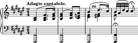 
 \relative c' {
  \new PianoStaff <<
   \new Staff { \key fis \major \time 2/4 \tempo "Adagio cantabile."
    <<
     {
      \override TextScript #'avoid-slur = #'inside
      \override TextScript #'outside-staff-priority = ##f
      <cis ais>4( <fis cis ais>8. <gis eis b>16) <gis eis b>4( <ais fis cis>8) <ais e cis> 
      b4(^\markup    
           \override #'(baseline-skip . 1) {
           \halign #-3
           \musicglyph #"scripts.turn"
         }
      dis8. cis16) b32[( ais dis cis)] cis8\fermata
     }
    \\
     { s2 s2 <fis, dis>4 <gis eis!> fis8 }
    >>
   }
   \new Staff { \key fis \major \time 2/4 \clef bass
    <fis,, fis,>2 <fis fis,> <fis fis,> <fis fis,>4\fermata
   }
  >>
 }
