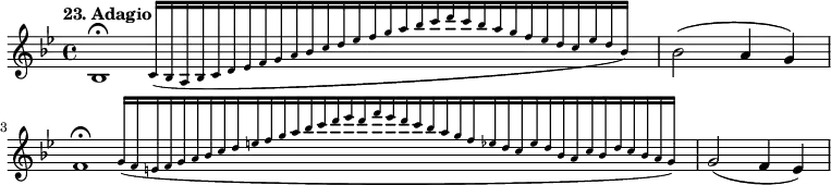 
%etude23
\relative b'
{  
\time 4/4 
\tempo "23. Adagio"
\key bes \major
\afterGrace bes,1 \fermata {c16 [(bes a bes c d ees f g a bes c d ees f g a bes c d c bes a g f ees d c ees d bes)]} | bes 2 (a4 g) | \afterGrace f1\fermata {g16 [(f e f g a bes c d e f g a bes c d ees d f ees d c bes a g f ees d c ees d bes a c bes d c bes a g)]} | g2 (f4 ees)
}
