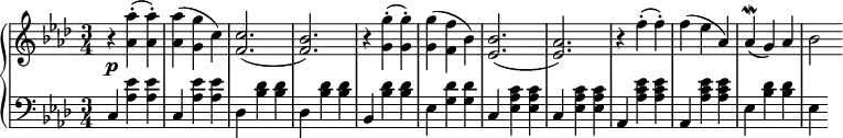 
 \relative c' {
  \new PianoStaff <<
   \new Staff { \key f \minor \time 3/4 
    \tempo \markup {
     \column {
   }
    }
    r <aes' aes'>-.( <aes aes'>-.) <aes aes'>( <g g'> c) <c f,>2.( <bes f>) r4 <g g'>4-.( <g g'>-.) <g g'>( <f f'> bes) <bes ees,>2.( <aes ees>) r4 f'4-.( f-.) f ( ees aes,) aes\mordent( g) aes bes2
   }
   \new Dynamics {
    s\p
    }
   \new Staff { \key f \minor \time 3/4 \clef bass
    c,,4 <aes' ees'> <aes ees'> c, <aes' ees'> <aes ees'> des, <bes' des> <bes des> des, <bes' des> <bes des> bes, <bes' des> <bes des> ees, <g des'> <g des'> c, <ees c' aes> <ees c' aes> c <ees c' aes> <ees c' aes> aes, <aes' ees' c> <aes ees' c> aes, <aes' ees' c> <aes ees' c> ees <bes' des> <bes des> ees,
   }
  >>
 }
