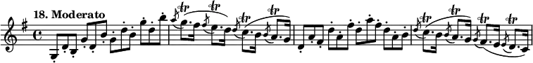 
%etude18
\relative g'
{  
\time 4/4 
\tempo "18. Moderato"
\key g \major
g,8*2/3-. d'-. b-. g'-. d-. b'-. g-. d'-. b-. g'-. d-. b'-. | \acciaccatura {a8} g8.\trill (fis16 \acciaccatura {fis8} e8.\trill d16) \acciaccatura {d8} c8.\trill (b16 \acciaccatura {b8} a8.\trill g16) | d8*2/3-. a'-. fis-. d'-. a-. fis'-. d-. a'-. fis-. d-. a-. b-. |  \acciaccatura {d8} c8.\trill (b16 \acciaccatura {b8} a8.\trill g16) \acciaccatura {g8} fis8.\trill (e16 \acciaccatura {e8} d8.\trill c16) 
} 
