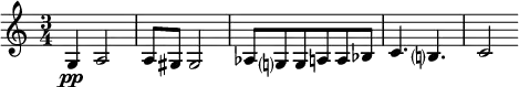 
\relative c' {
  \set Staff.midiInstrument = #"violin"
  \set Score.tempoHideNote = ##t \tempo 4 = 60
  \key c \major \time 3/4
  g4\pp a2| 
a8 gis gis2|
 as8 g? g a a bes |  
  c4. b? | c2 |
   |
}
