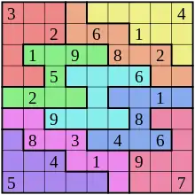 A Sudoku puzzle grid with many colours, with nine rows and nine columns that intersect at square spaces. Some of the spaces are filled with one number each; others are blank spaces for a solver to fill with a number.