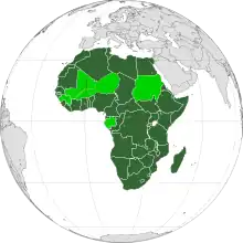 An orthographic projection of the world, highlighting the African Union and its member states (green).