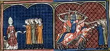 Two illuminations: the pope admonishing a group of people and mounted knights attacking unarmed people with swords