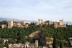 View of the Alhambra from the Mirador St Nicolas in the Albaycin of Granada