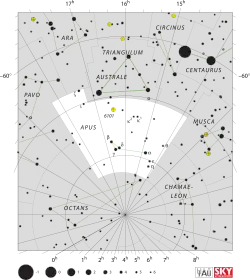 Diagram showing star positions and boundaries of the Apus constellation and its surroundings