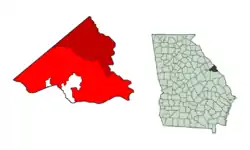 Location of the consolidated areas of Augusta and Richmond County in the state of Georgia. The area marked in maroon identifies the original city limits pre-1995; the area in red shows the city limits of the consolidated city-county.