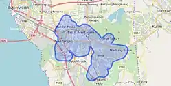 大山脚地图，蓝色地区为城市区域，柔府（Juru）、武吉敏惹（Bukit Minyak）和武拉必（Berapit）也位于大山脚内