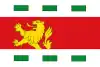 A flag divided in three horizontal bands. The red centre band is wider and contains the top half of a gold lion rampant on the left. The top and bottom white bands contain three equally spaced green rectangles each.