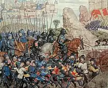 A painting of late Medieval knights advancing to battle