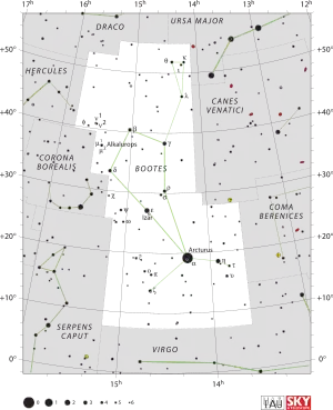 顯示牧夫座及其周圍環境恆星位置和邊界的星座圖。