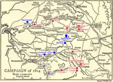 Black and yellow map of the Campaign of 1814 in 1:2,000,000 scale with troop positions added