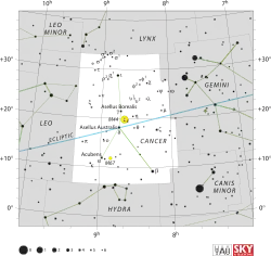 Diagram showing star positions and boundaries of the constellation of Cancer and its surroundings