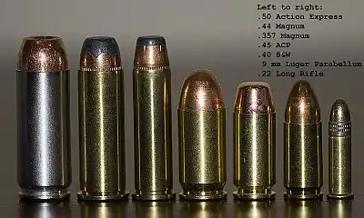 幾種常見子彈規格，由右至左分別為.22 LR、9毫米鲁格弹、.40 S&W、.45 ACP、.357麥格農、.44麥格農與.50 AE