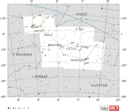 Diagram showing star positions and boundaries of the Cetus constellation and its surroundings