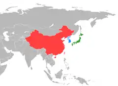 在东亚地图上标明中国（红色）、日本（绿色）和韩国（蓝色）。