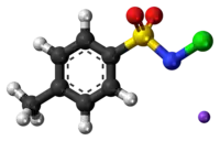 Ball-and-stick model of the component ions of chloramine-T