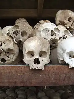 Victims of the Khmer Rouge preserved in a memorial stupa