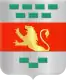 The coat of arms mimics the flag. The bands are equal width, the lion rampant is in the middle and number of green rectangles are changed to four and three on top and two and one in the bottom.