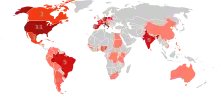 Numbered choropleth world map showing the number of cardinal electors for the 2013 papal conclave from each country