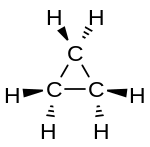 環丙烷，化學式為
  
    
      
        
          
            
              
                C
              
              
                3
              
            
            
              
                
                  
                    H
                  
                  
                    6
                  
                
              
            
          
        
      
    
    {\displaystyle {\rm {{C}_{3}{\rm {{H}_{6}}}}}}