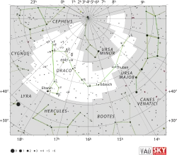 Diagram showing star positions and boundaries of the Draco constellation and its surroundings