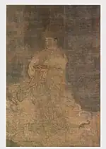 A deity in three-quarter view dressed in a robe.