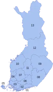 A map of Finalnd's 13 electoral constituencies