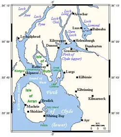 A map showing the west coast of Scotland around the Firth of Clyde