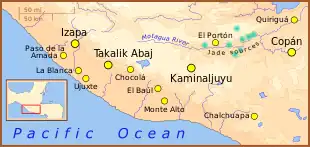 Map showing Quiriguá's location at the eastern end of the Motagua drainage and showing a tight cluster of jade sources upriver to the west. The landmass is bordered by the Pacific Ocean to the southwest.