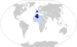 1939年末法兰西共和国的领土和殖民地
深蓝色： 法国本土浅蓝色： 法国殖民地