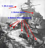 1945年，富蘭克林號被日軍轟炸機重創。1.為SK-2雷達，取代了舊式的SK雷達；2.為艦島的一座四聯裝40毫米高射炮；3.為右弦興建的五座炮座，各裝設一座四聯裝40毫米高射炮。艦艉的兩個炮座在襲擊中受損。