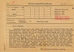 a yellowing German-language form with typewritten details and a red classification stamp