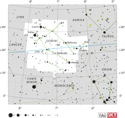 Diagram showing star positions and boundaries of the Gemini constellation and its surroundings