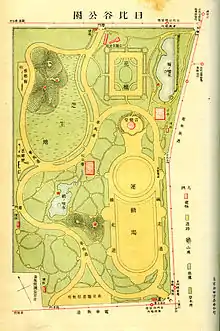 1907年（明治40年）发行的日比谷公园导览图运动场上方的八角形为小音乐堂