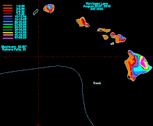 颶風萊恩在夏威夷主群島的總降雨量地圖