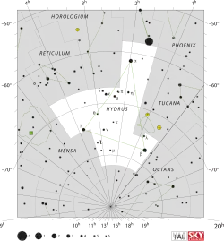 Diagram showing star positions and boundaries of the Hydrus constellation and its surroundings