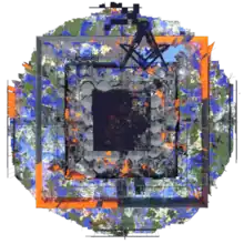 An aerial render of the spawn region in July 2019, displaying the extreme amount of destruction and modification carried out to the terrain, including the construction of massive structures, such as the prominent Square and Compasses).