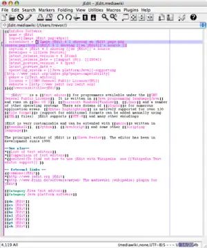 jEdit 4.2 showing the source of this Wikipedia article.