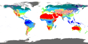 Map of world dividing climate zones, largely influenced by latitude. The zones, going from the equator upward (and downward) are Tropical, Dry, Moderate, Continental and Polar. There are subzones within these zones.